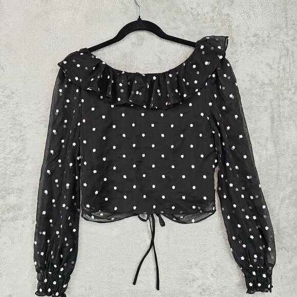 Wayf Crop Top Womens Size XS Black Embroidered Daisy Floral Chiffon Cinch Front - Picture 10 of 11